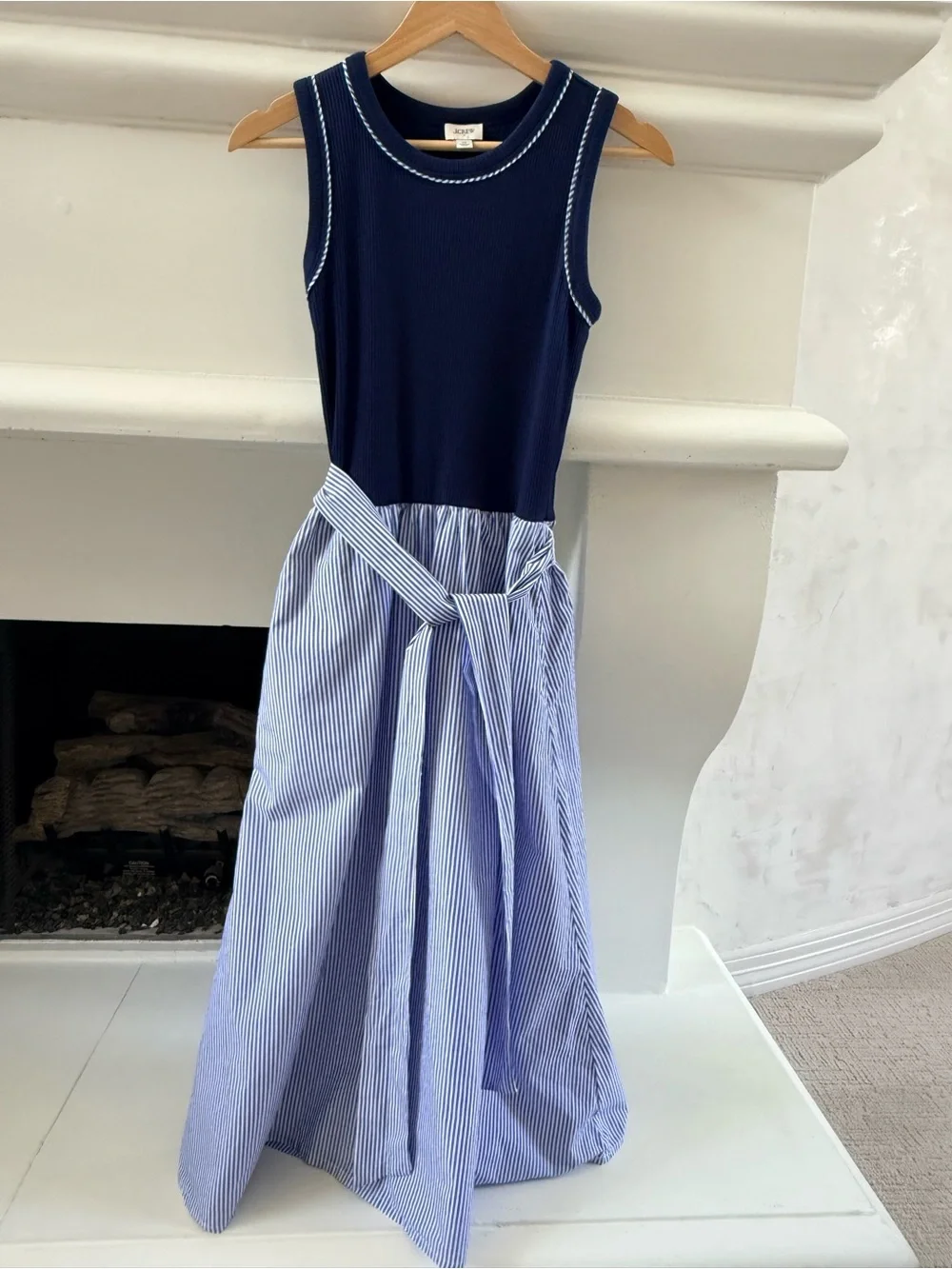 J Crew Navy top and blue Striped Tie-Waist Midi Skirt with pockets